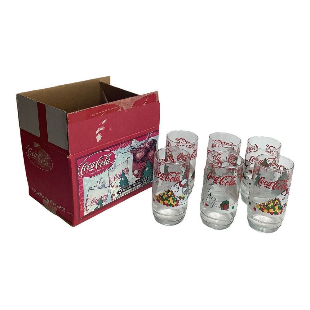 6 Coca Cola Polar Bear Christmas 16 OZ Bell Soda Glasses Indiana Glass wit Box